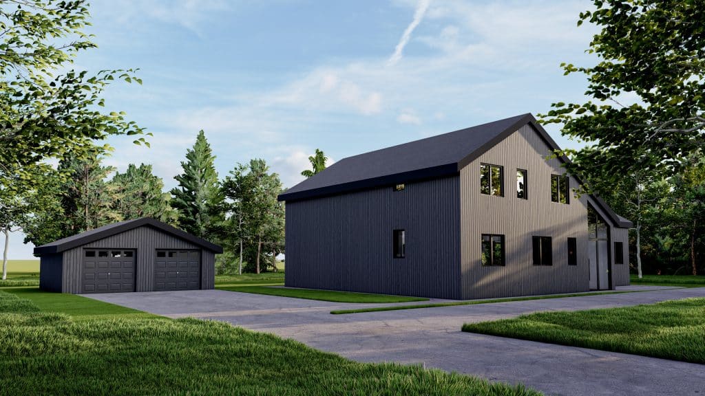 Modern Black Barn House and Detached Garage Architectural 3D Render, Contemporary Rural Residence Exterior